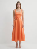 Orange Satin A-Line Square Neck Back Zip Tea-Length Bridesmaid Dress with 3D Flower - Curvevia