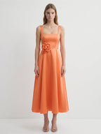 Orange Satin A-Line Square Neck Back Zip Tea-Length Bridesmaid Dress with 3D Flower - Curvevia