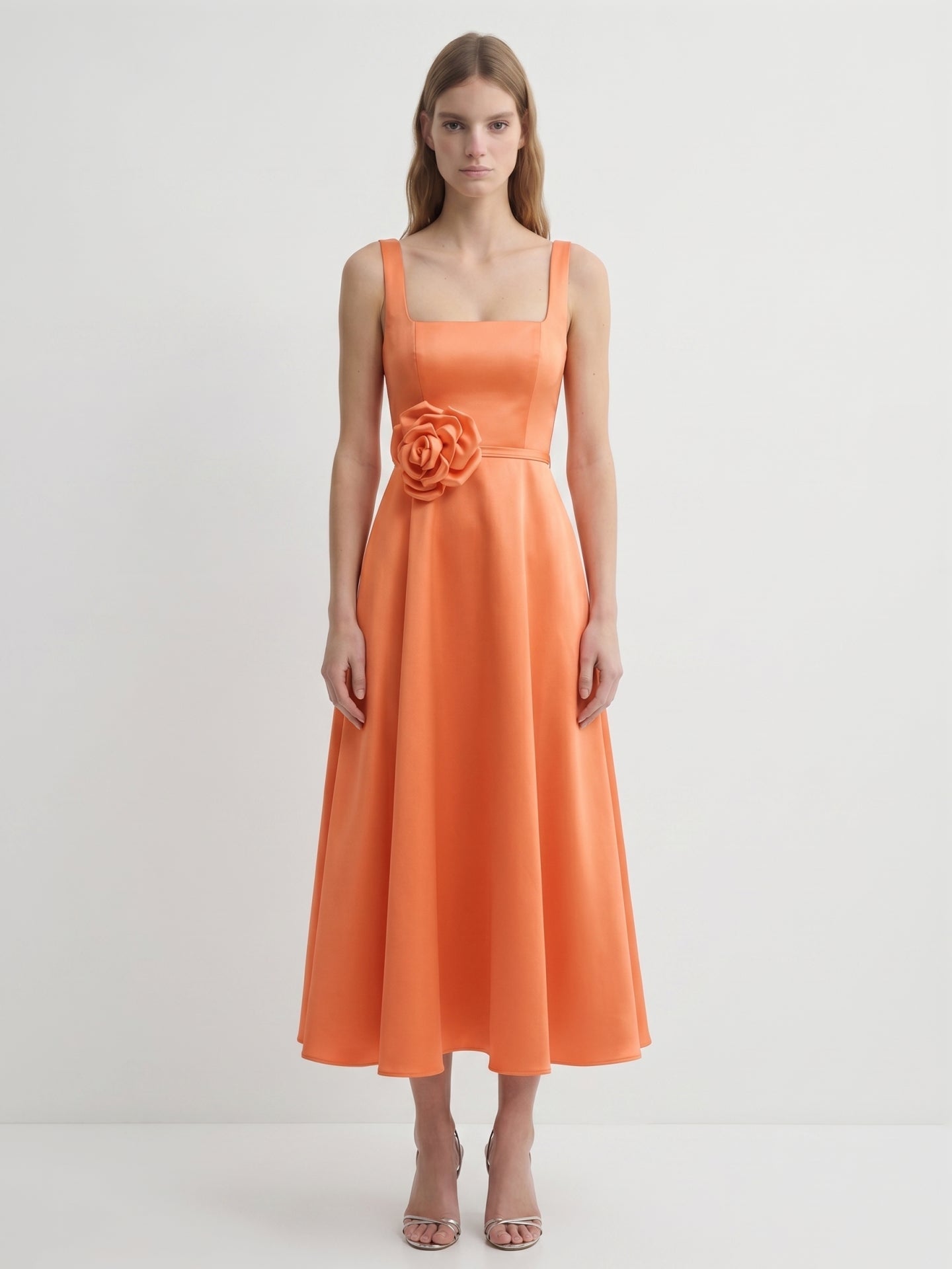 Orange Satin A-Line Square Neck Back Zip Tea-Length Bridesmaid Dress with 3D Flower - Curvevia