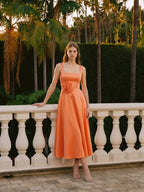 Orange Satin A-Line Square Neck Back Zip Tea-Length Bridesmaid Dress with 3D Flower - Curvevia