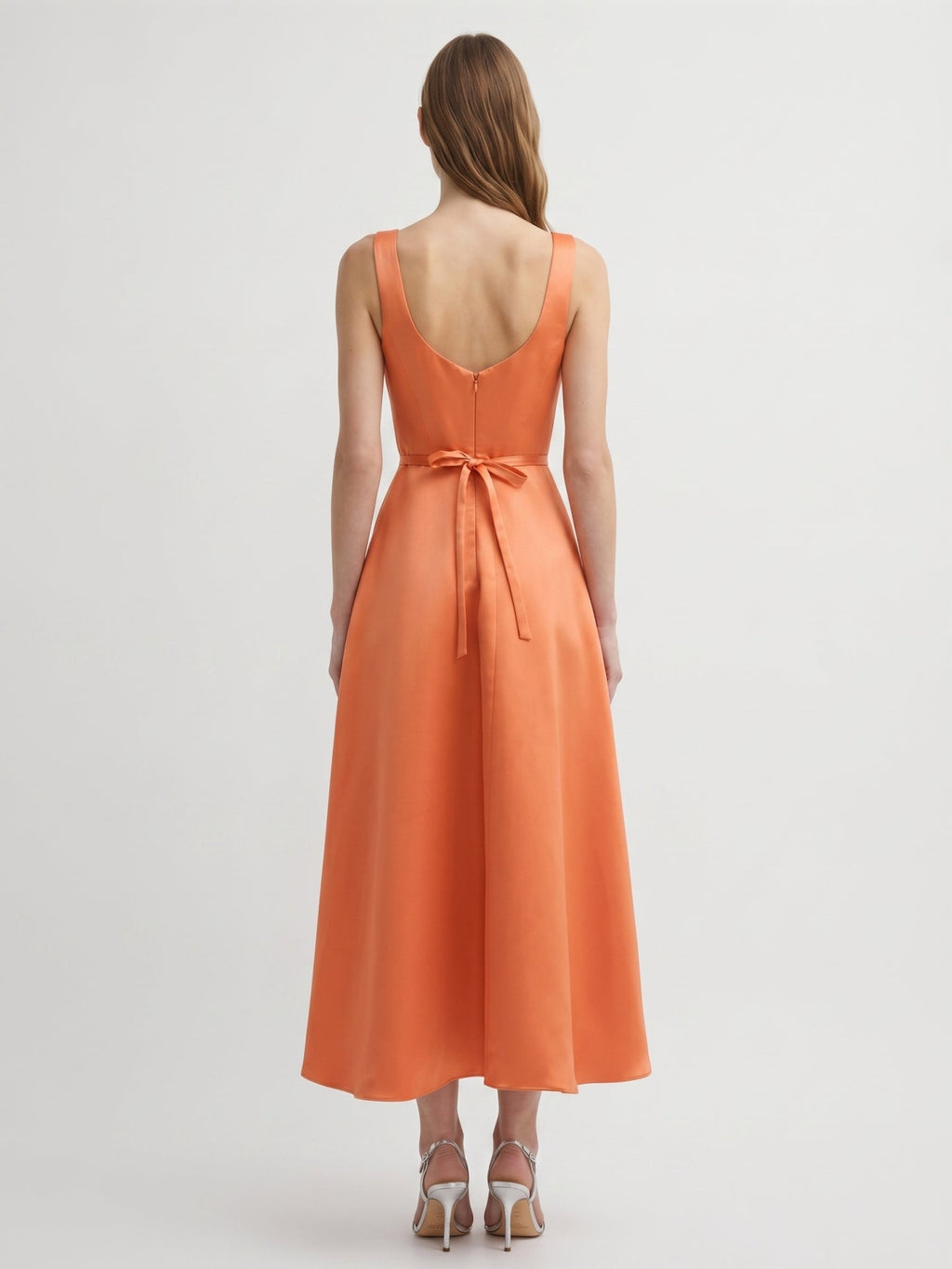 Orange Satin A-Line Square Neck Back Zip Tea-Length Bridesmaid Dress with 3D Flower - Curvevia