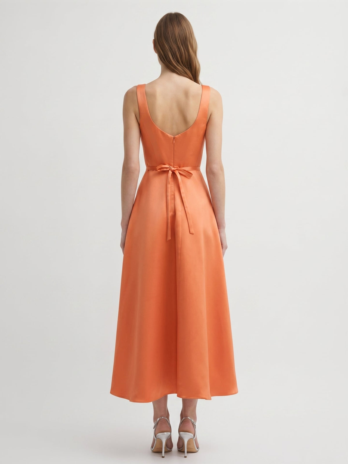 Orange Satin A-Line Square Neck Back Zip Tea-Length Bridesmaid Dress with 3D Flower - Curvevia