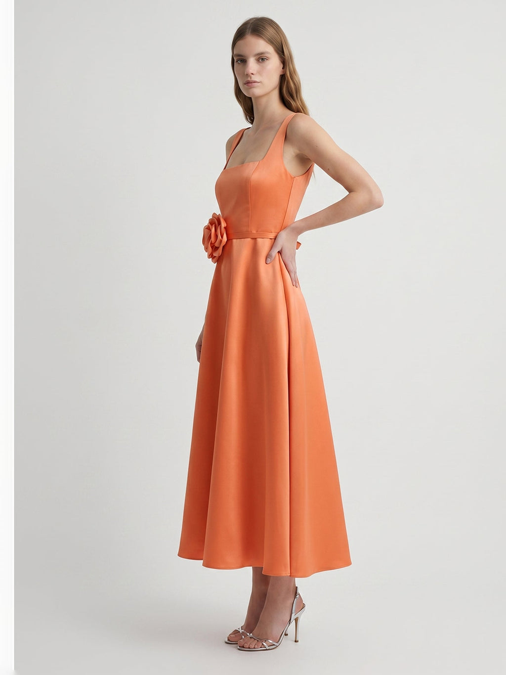 Orange Satin A-Line Square Neck Back Zip Tea-Length Bridesmaid Dress with 3D Flower - Curvevia