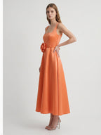 Orange Satin A-Line Square Neck Back Zip Tea-Length Bridesmaid Dress with 3D Flower - Curvevia