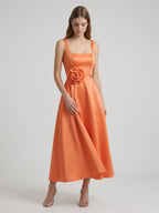 Orange Satin A-Line Square Neck Back Zip Tea-Length Bridesmaid Dress with 3D Flower - Curvevia