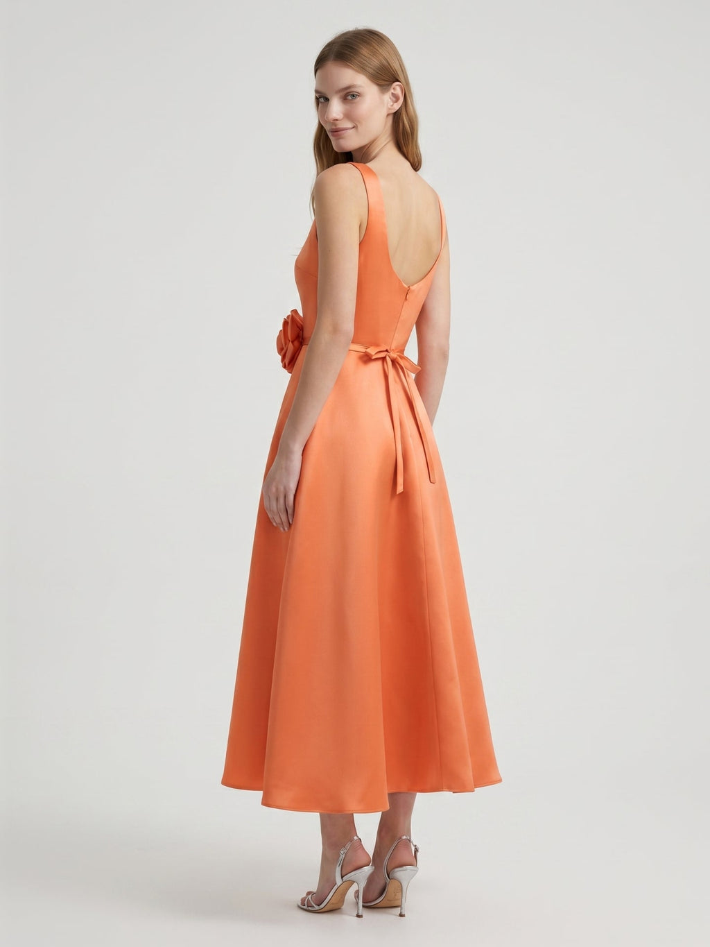 Orange Satin A-Line Square Neck Back Zip Tea-Length Bridesmaid Dress with 3D Flower - Curvevia