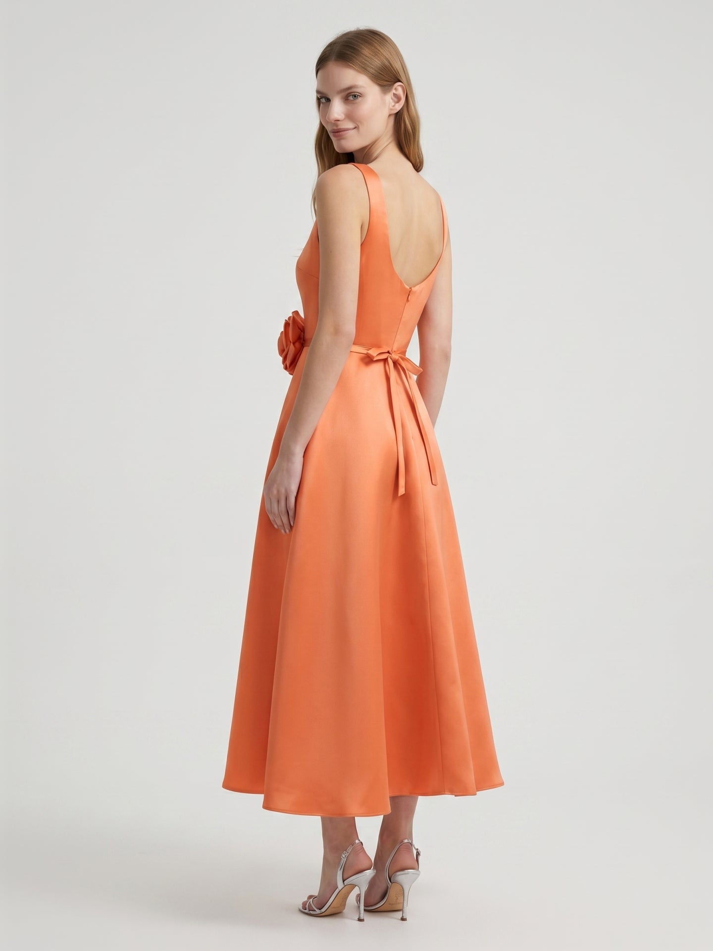 Orange Satin A-Line Square Neck Back Zip Tea-Length Bridesmaid Dress with 3D Flower - Curvevia