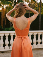 Orange Satin A-Line Square Neck Back Zip Tea-Length Bridesmaid Dress with 3D Flower - Curvevia