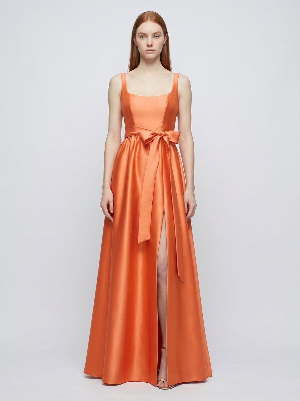 Orange Satin A-Line Square Neck Backless Floor-Length Bridesmaid Dress with Bow - Curvevia