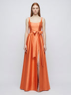 Orange Satin A-Line Square Neck Backless Floor-Length Bridesmaid Dress with Bow - Curvevia