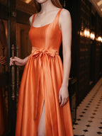 Orange Satin A-Line Square Neck Backless Floor-Length Bridesmaid Dress with Bow - Curvevia