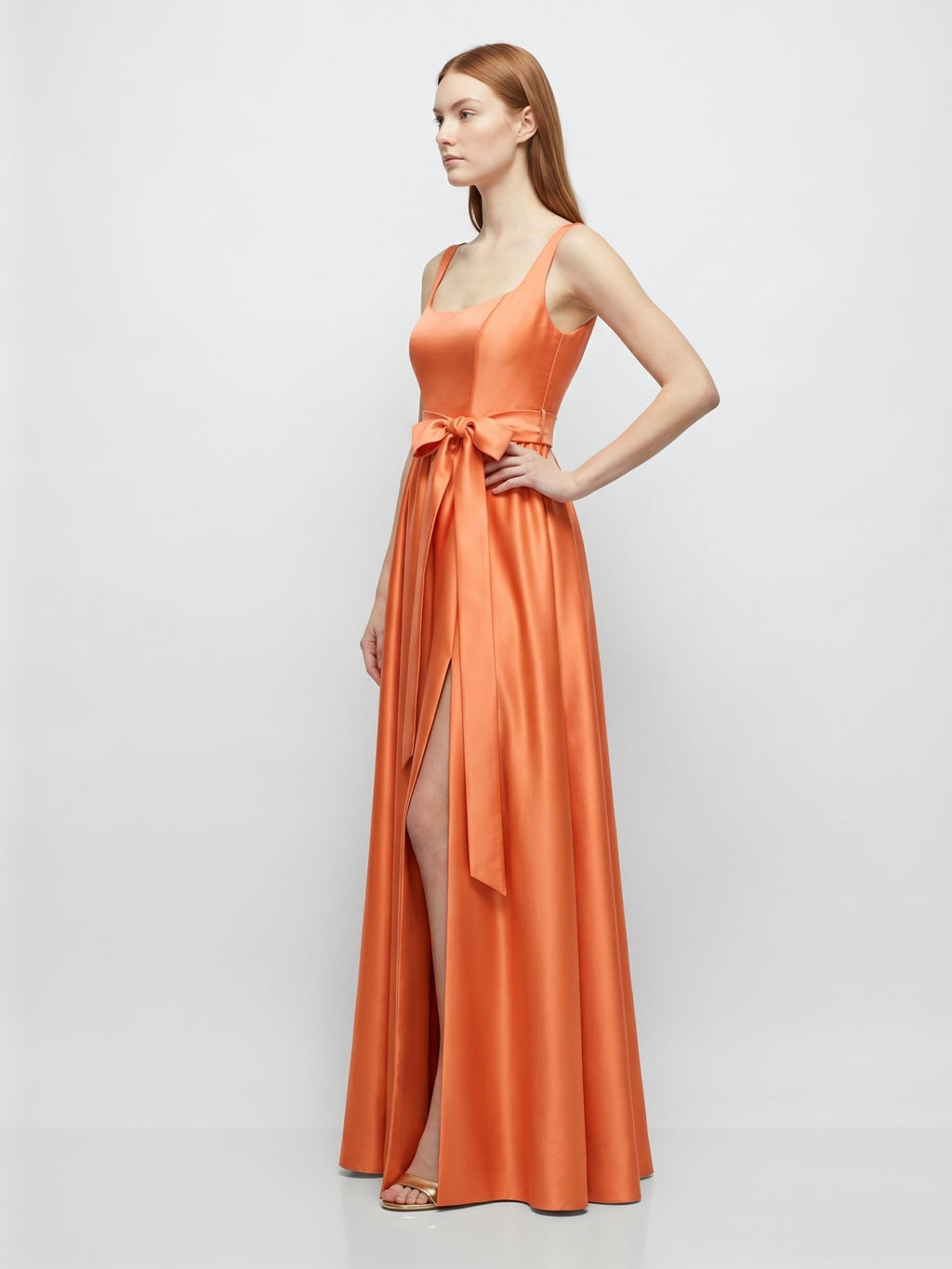 Orange Satin A-Line Square Neck Backless Floor-Length Bridesmaid Dress with Bow - Curvevia
