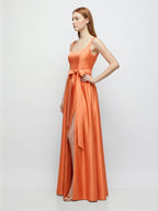 Orange Satin A-Line Square Neck Backless Floor-Length Bridesmaid Dress with Bow - Curvevia