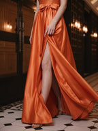 Orange Satin A-Line Square Neck Backless Floor-Length Bridesmaid Dress with Bow - Curvevia