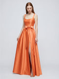Orange Satin A-Line Square Neck Backless Floor-Length Bridesmaid Dress with Bow - Curvevia