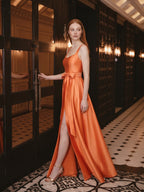 Orange Satin A-Line Square Neck Backless Floor-Length Bridesmaid Dress with Bow - Curvevia