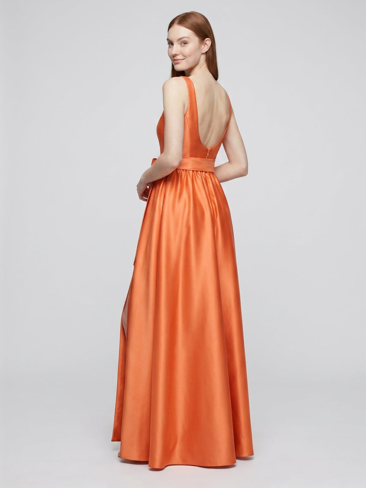Orange Satin A-Line Square Neck Backless Floor-Length Bridesmaid Dress with Bow - Curvevia