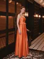 Orange Satin A-Line Square Neck Backless Floor-Length Bridesmaid Dress with Bow - Curvevia