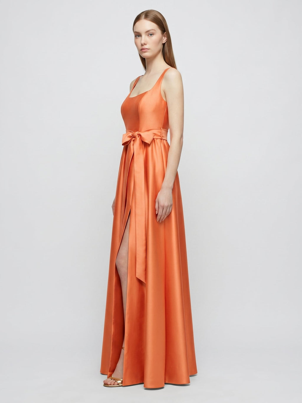 Orange Satin A-Line Square Neck Backless Floor-Length Bridesmaid Dress with Bow - Curvevia
