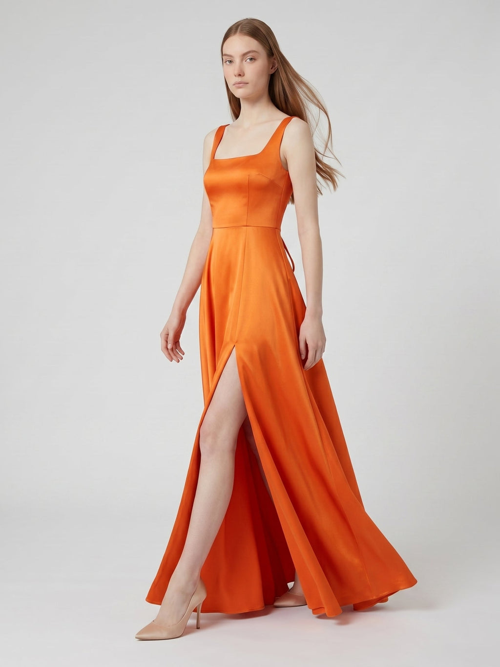 Orange Satin A-Line Square Neck Lace-up Floor-Length Bridesmaid Dress with Pleats - Curvevia