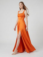 Orange Satin A-Line Square Neck Lace-up Floor-Length Bridesmaid Dress with Pleats - Curvevia