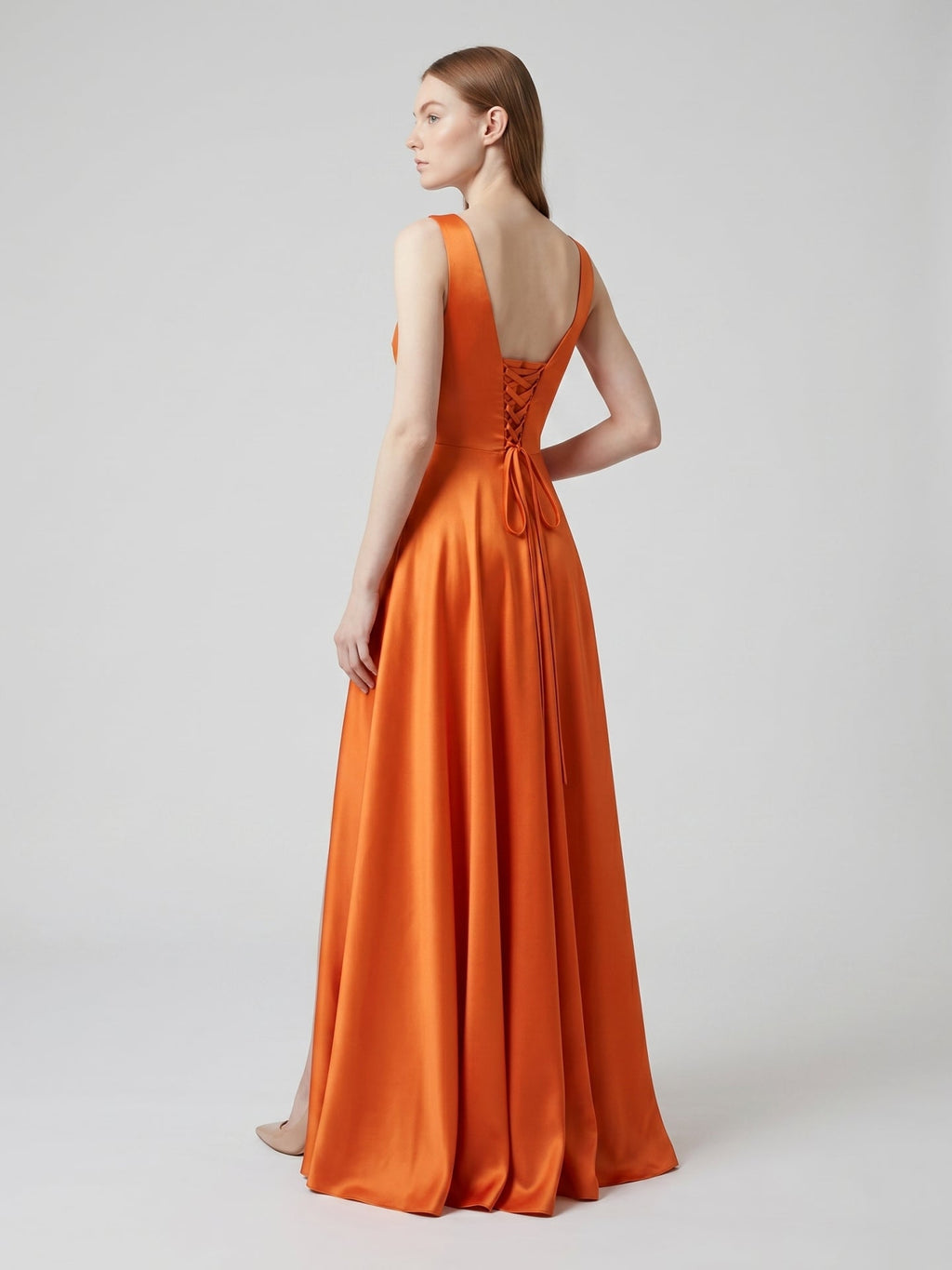 Orange Satin A-Line Square Neck Lace-up Floor-Length Bridesmaid Dress with Pleats - Curvevia