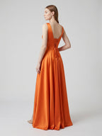 Orange Satin A-Line Square Neck Lace-up Floor-Length Bridesmaid Dress with Pleats - Curvevia
