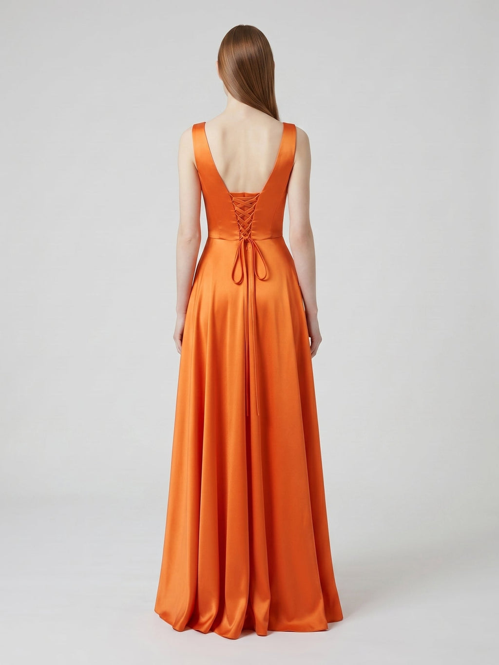 Orange Satin A-Line Square Neck Lace-up Floor-Length Bridesmaid Dress with Pleats - Curvevia