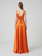 Orange Satin A-Line Square Neck Lace-up Floor-Length Bridesmaid Dress with Pleats - Curvevia
