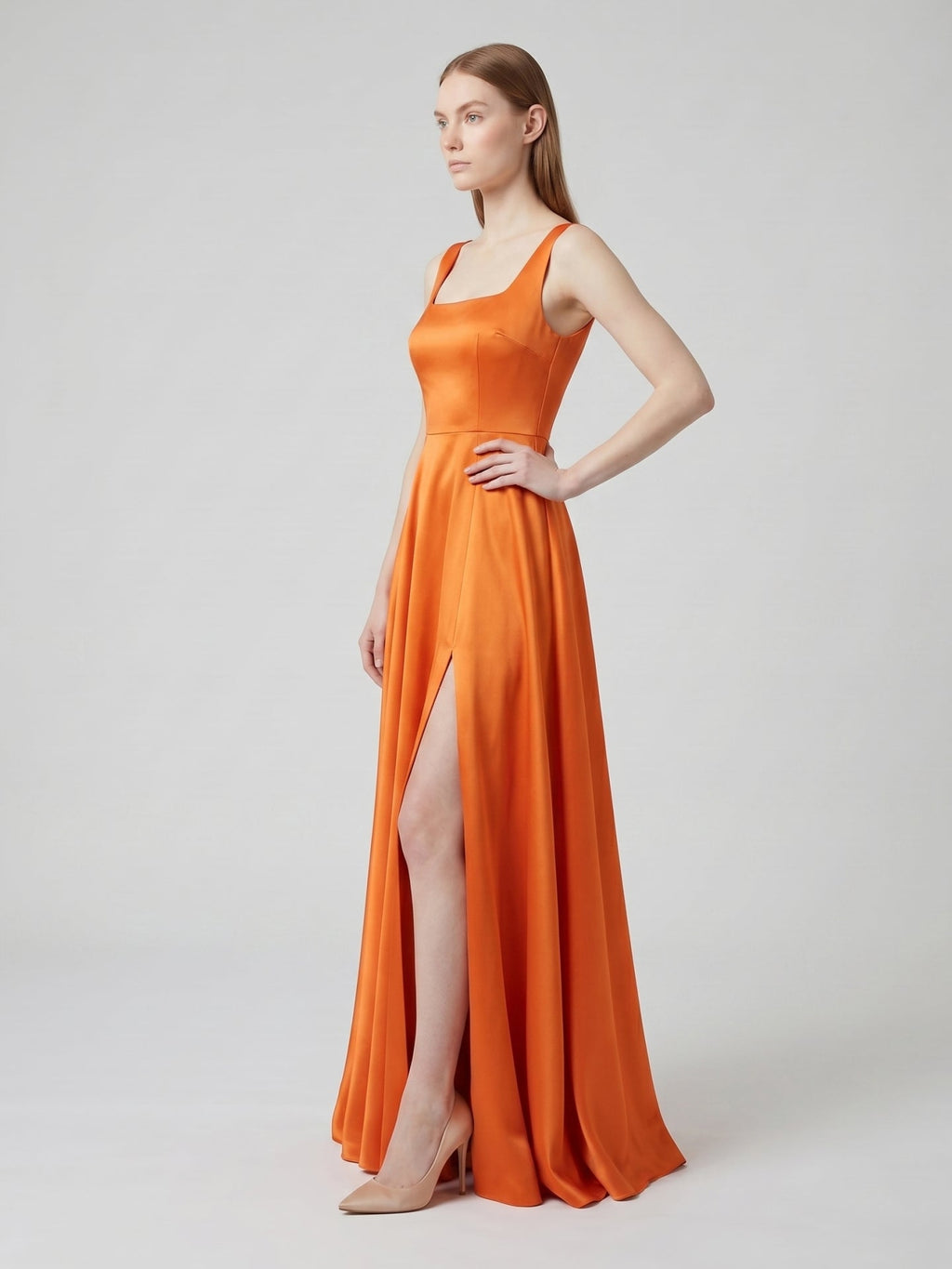 Orange Satin A-Line Square Neck Lace-up Floor-Length Bridesmaid Dress with Pleats - Curvevia