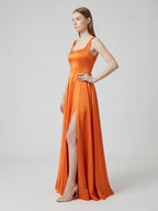 Orange Satin A-Line Square Neck Lace-up Floor-Length Bridesmaid Dress with Pleats - Curvevia