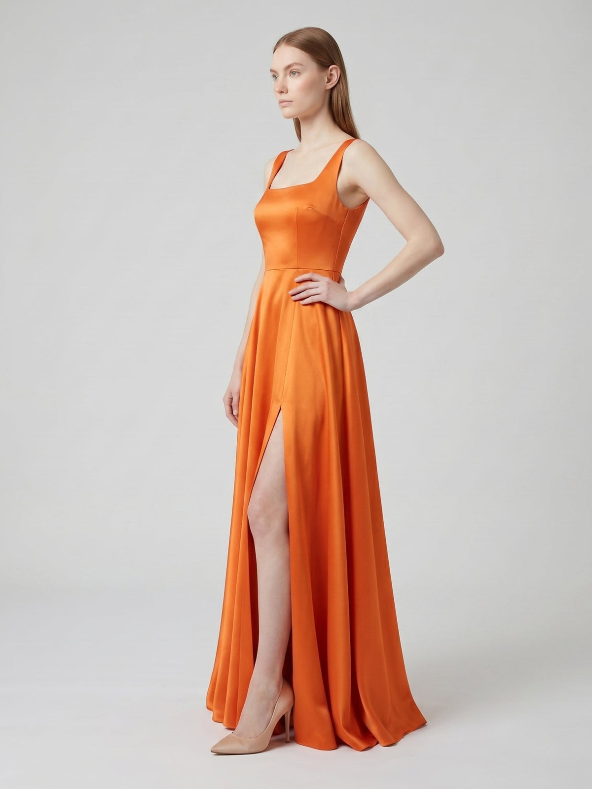 Orange Satin A-Line Square Neck Lace-up Floor-Length Bridesmaid Dress with Pleats - Curvevia
