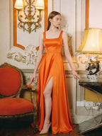 Orange Satin A-Line Square Neck Lace-up Floor-Length Bridesmaid Dress with Pleats - Curvevia