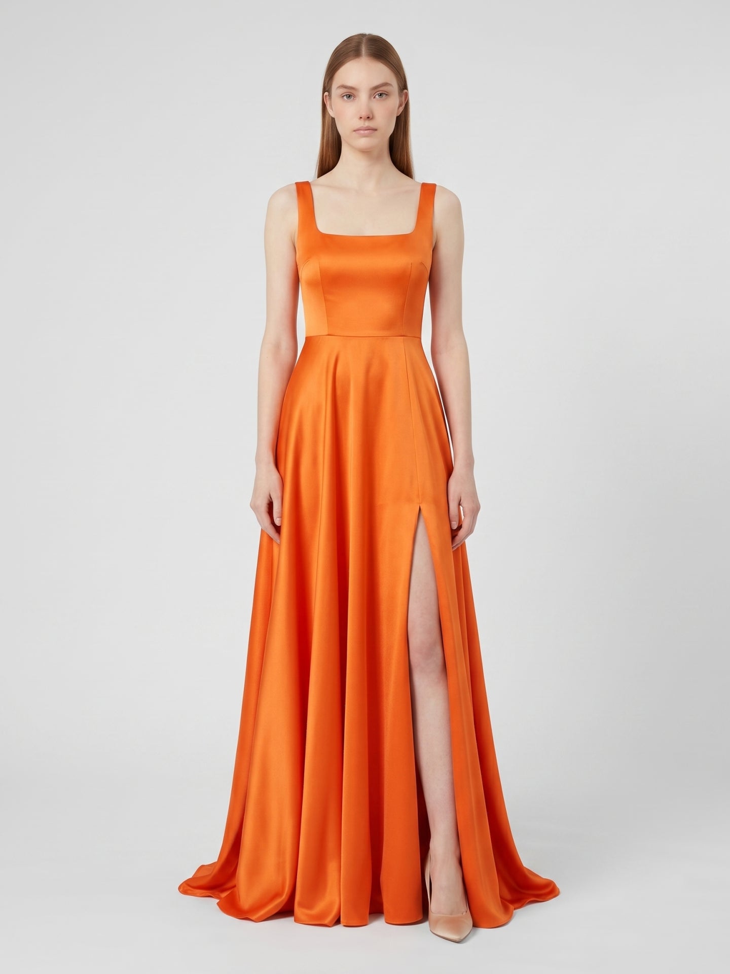 Orange Satin A-Line Square Neck Lace-up Floor-Length Bridesmaid Dress with Pleats - Curvevia