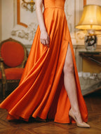 Orange Satin A-Line Square Neck Lace-up Floor-Length Bridesmaid Dress with Pleats - Curvevia