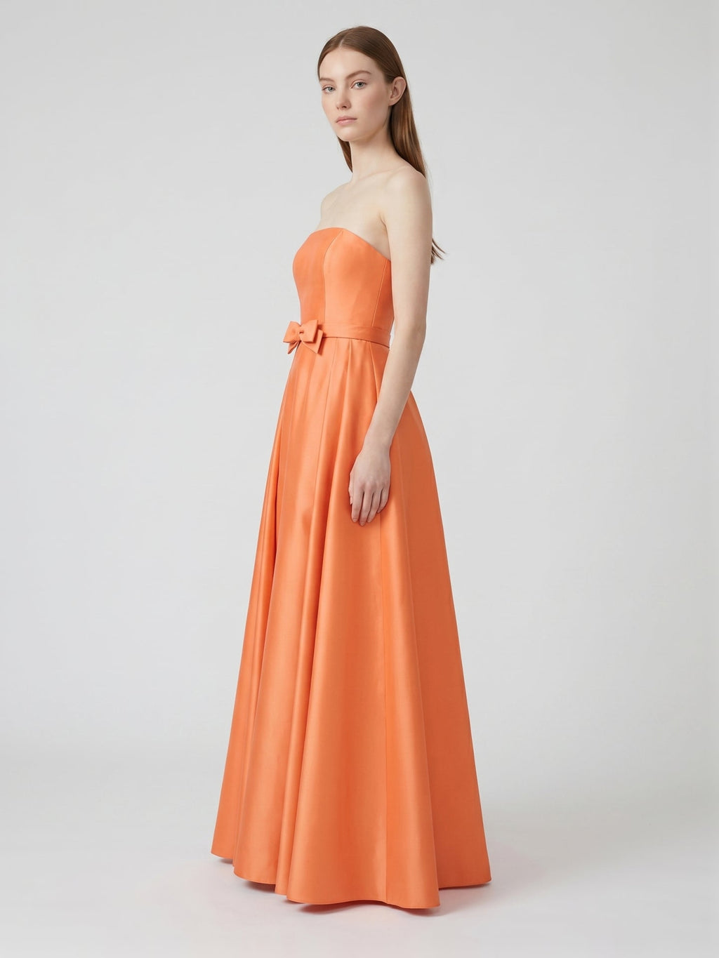 Orange Satin A-Line Straight Neck Back Zip Floor-Length Bridesmaid Dress with Pleats - Curvevia