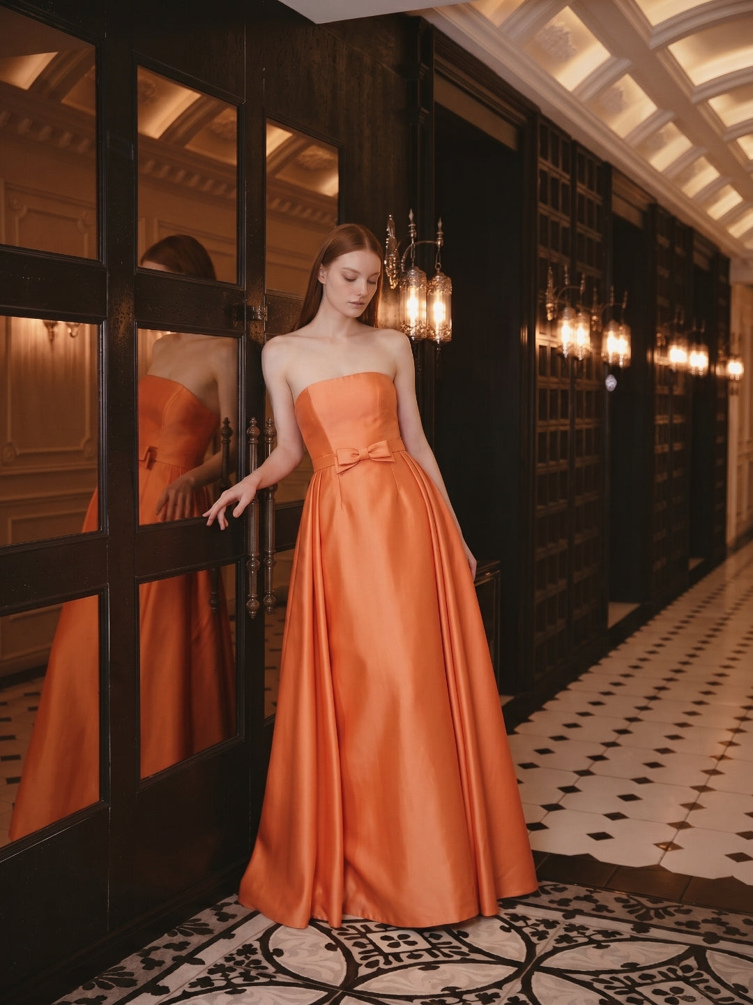Orange Satin A-Line Straight Neck Back Zip Floor-Length Bridesmaid Dress with Pleats - Curvevia