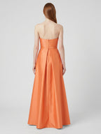 Orange Satin A-Line Straight Neck Back Zip Floor-Length Bridesmaid Dress with Pleats - Curvevia