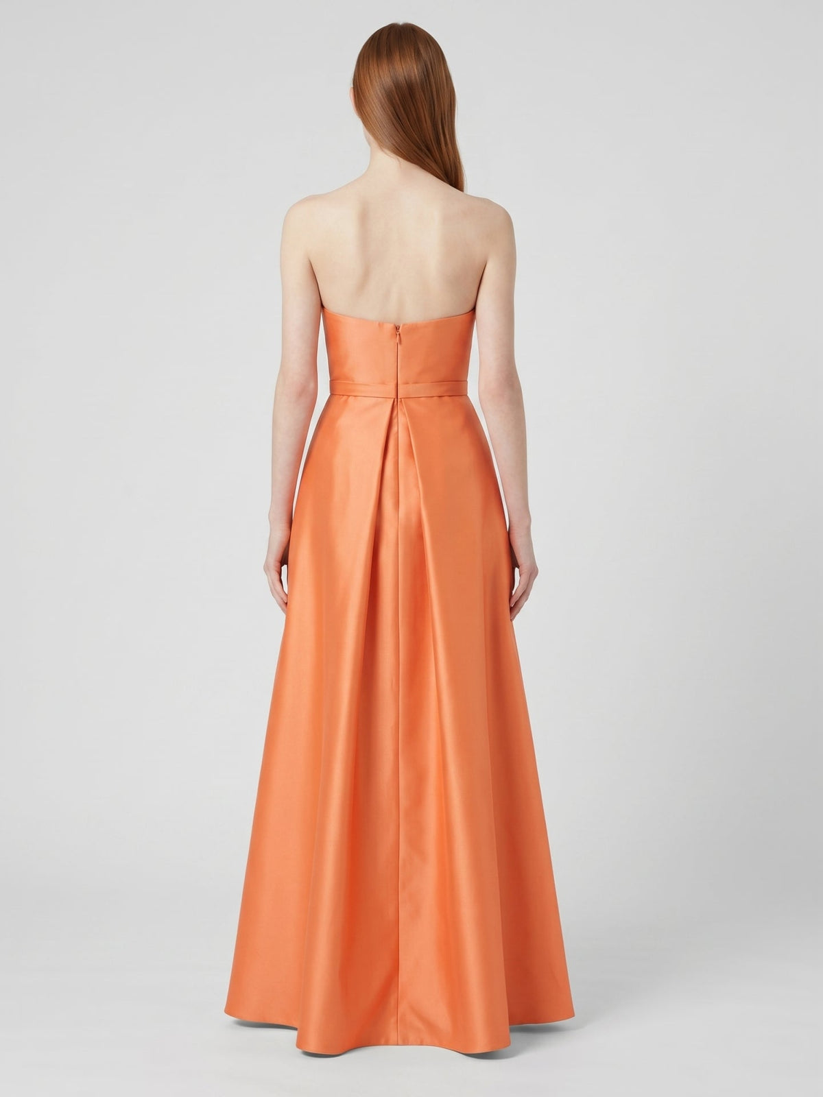 Orange Satin A-Line Straight Neck Back Zip Floor-Length Bridesmaid Dress with Pleats - Curvevia