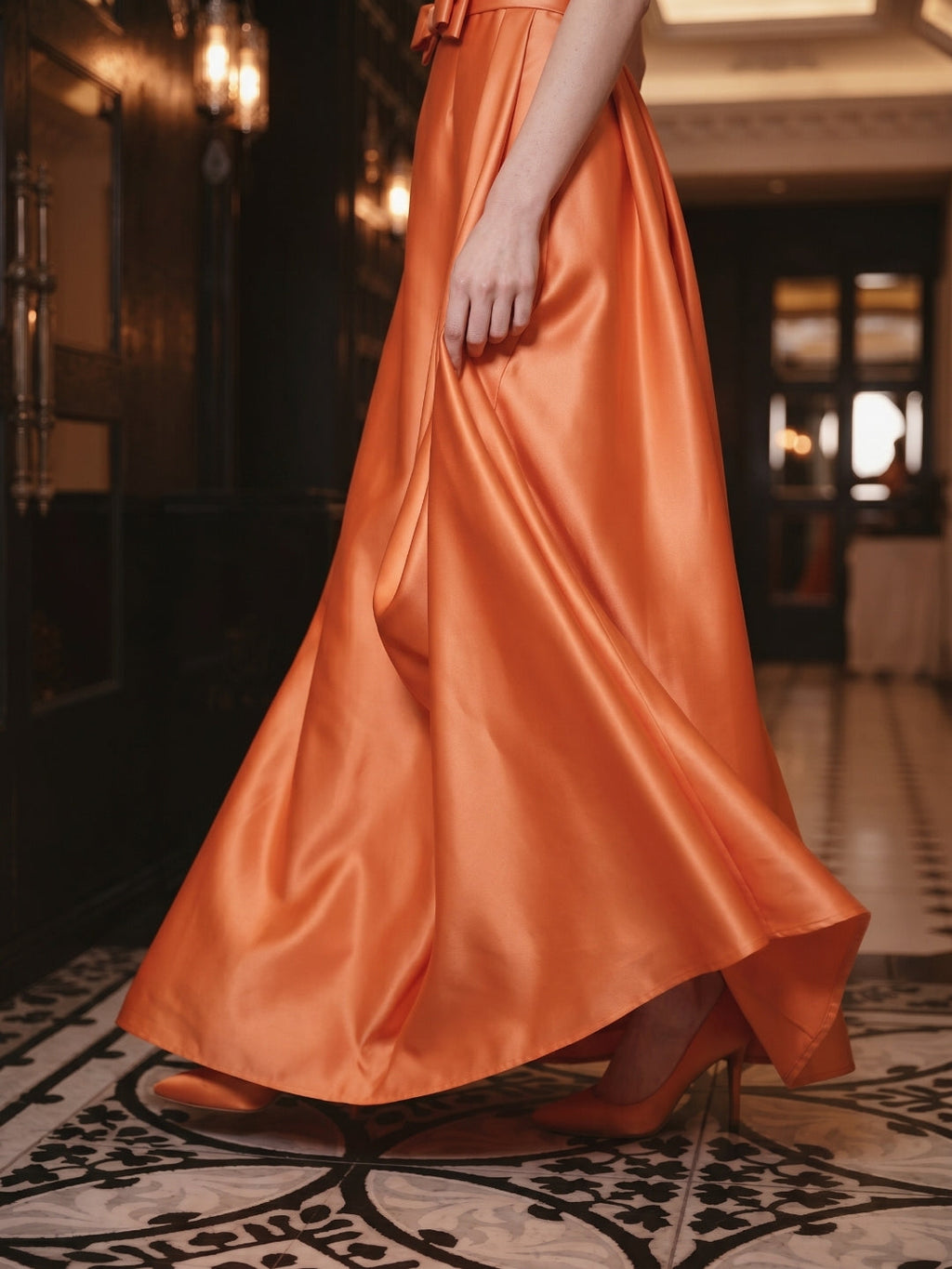 Orange Satin A-Line Straight Neck Back Zip Floor-Length Bridesmaid Dress with Pleats - Curvevia