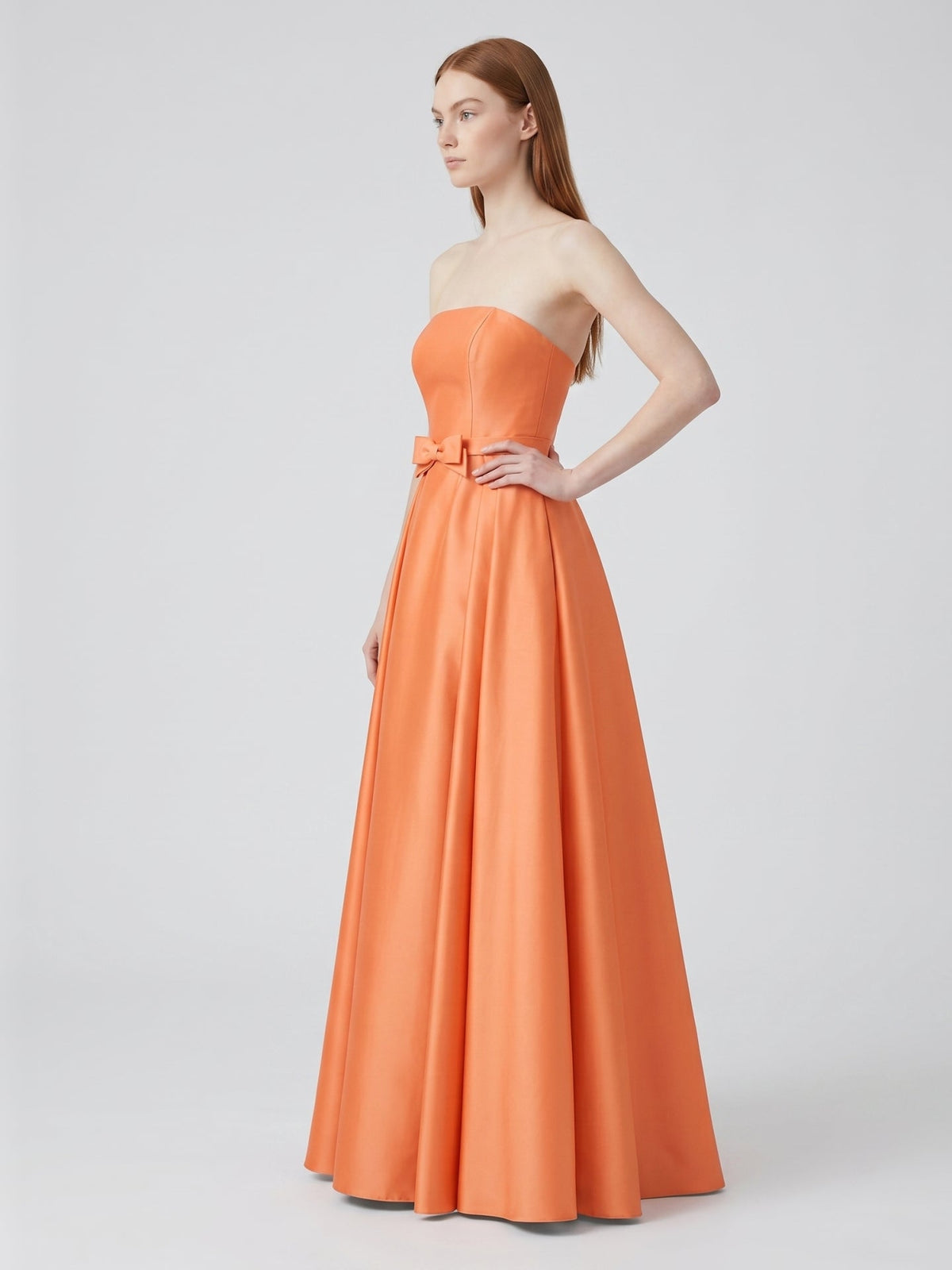 Orange Satin A-Line Straight Neck Back Zip Floor-Length Bridesmaid Dress with Pleats - Curvevia