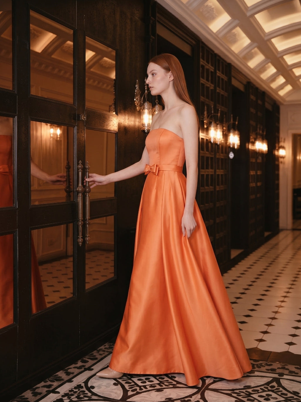 Orange Satin A-Line Straight Neck Back Zip Floor-Length Bridesmaid Dress with Pleats - Curvevia