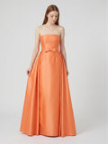 Orange Satin A-Line Straight Neck Back Zip Floor-Length Bridesmaid Dress with Pleats - Curvevia