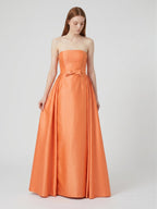 Orange Satin A-Line Straight Neck Back Zip Floor-Length Bridesmaid Dress with Pleats - Curvevia