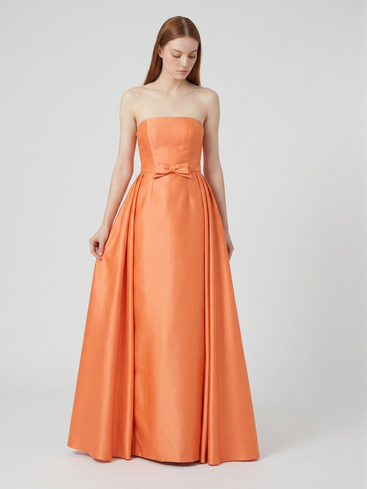 Orange Satin A-Line Straight Neck Back Zip Floor-Length Bridesmaid Dress with Pleats - Curvevia