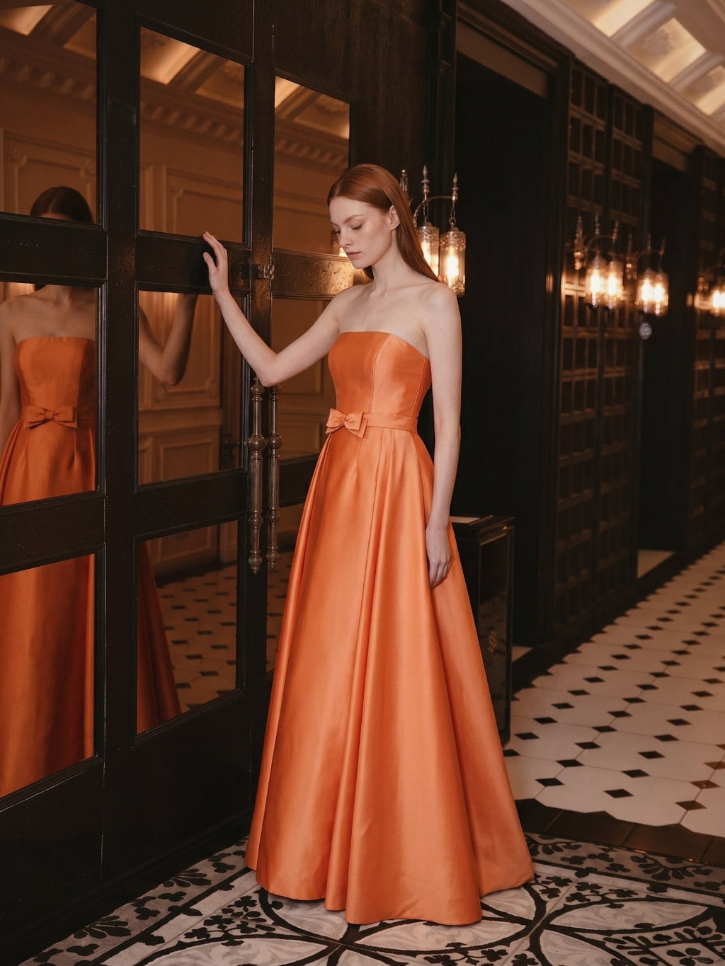 Orange Satin A-Line Straight Neck Back Zip Floor-Length Bridesmaid Dress with Pleats - Curvevia