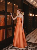 Orange Satin A-Line Straight Neck Back Zip Floor-Length Bridesmaid Dress with Pleats - Curvevia