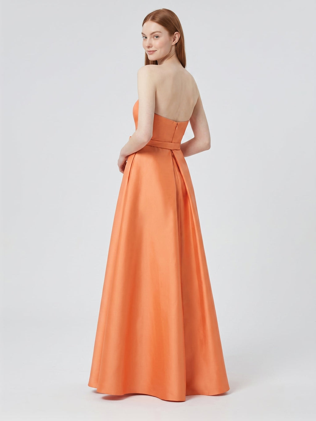 Orange Satin A-Line Straight Neck Back Zip Floor-Length Bridesmaid Dress with Pleats - Curvevia
