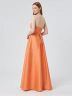 Orange Satin A-Line Straight Neck Back Zip Floor-Length Bridesmaid Dress with Pleats - Curvevia