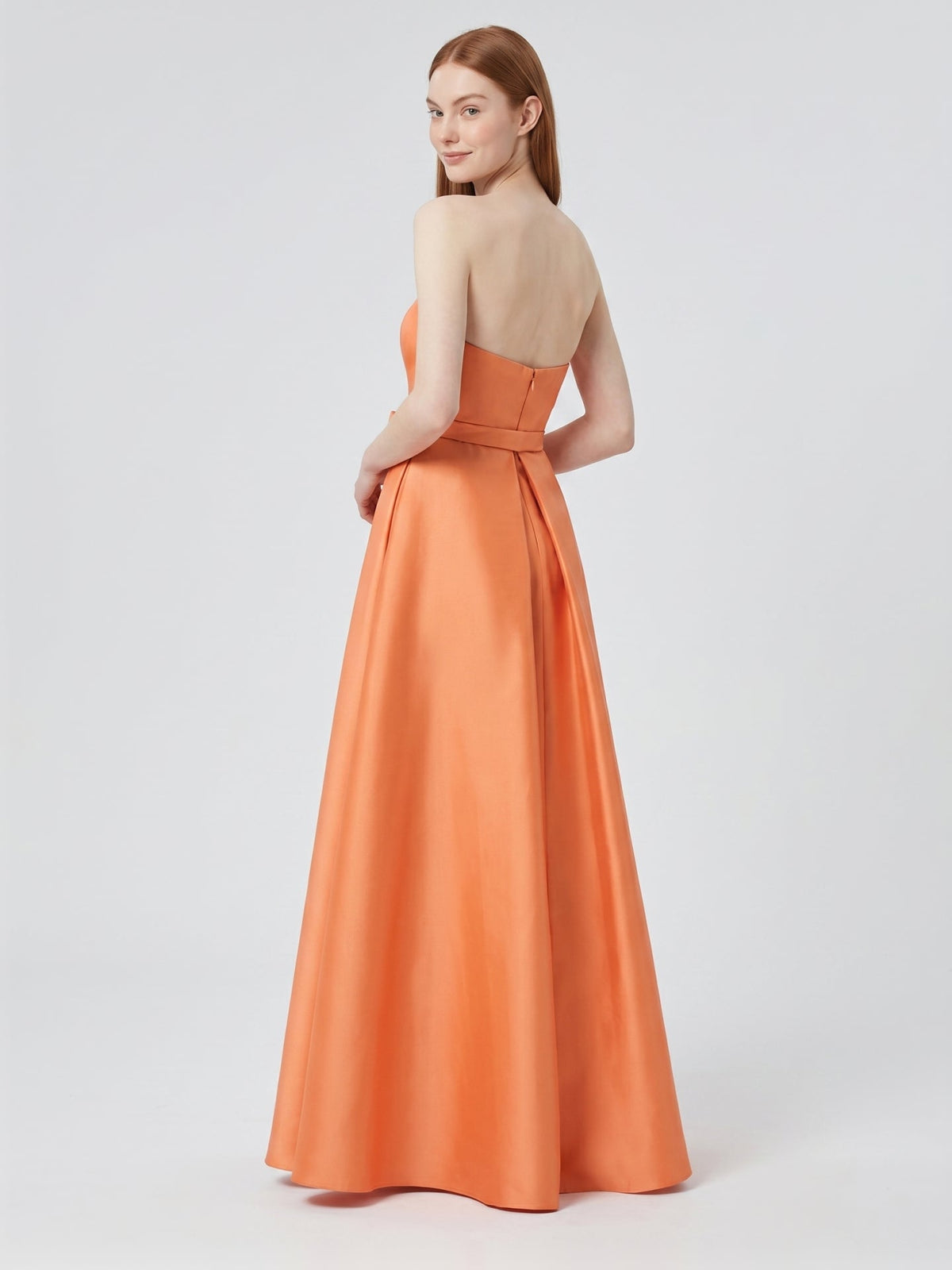 Orange Satin A-Line Straight Neck Back Zip Floor-Length Bridesmaid Dress with Pleats - Curvevia
